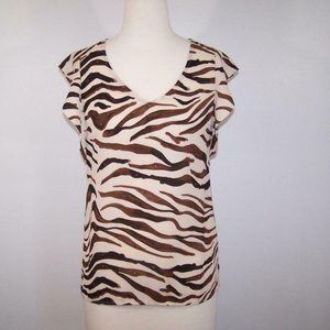 Cabi Shirt Top Blouse XS Animal Print Short Cap Flutter Sleeves Brown Beige